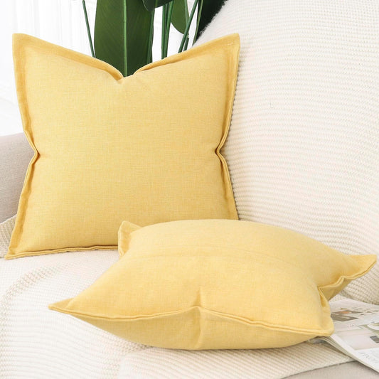 MADIZZ Pack of 2 Faux Rustic Linen Throw Pillow Covers with Flange Edge Soft Boho Natural Decorative Pillowcases for Sofa Living Room Modern Throw Pillows for Bed 16x16 Inch Yellow
