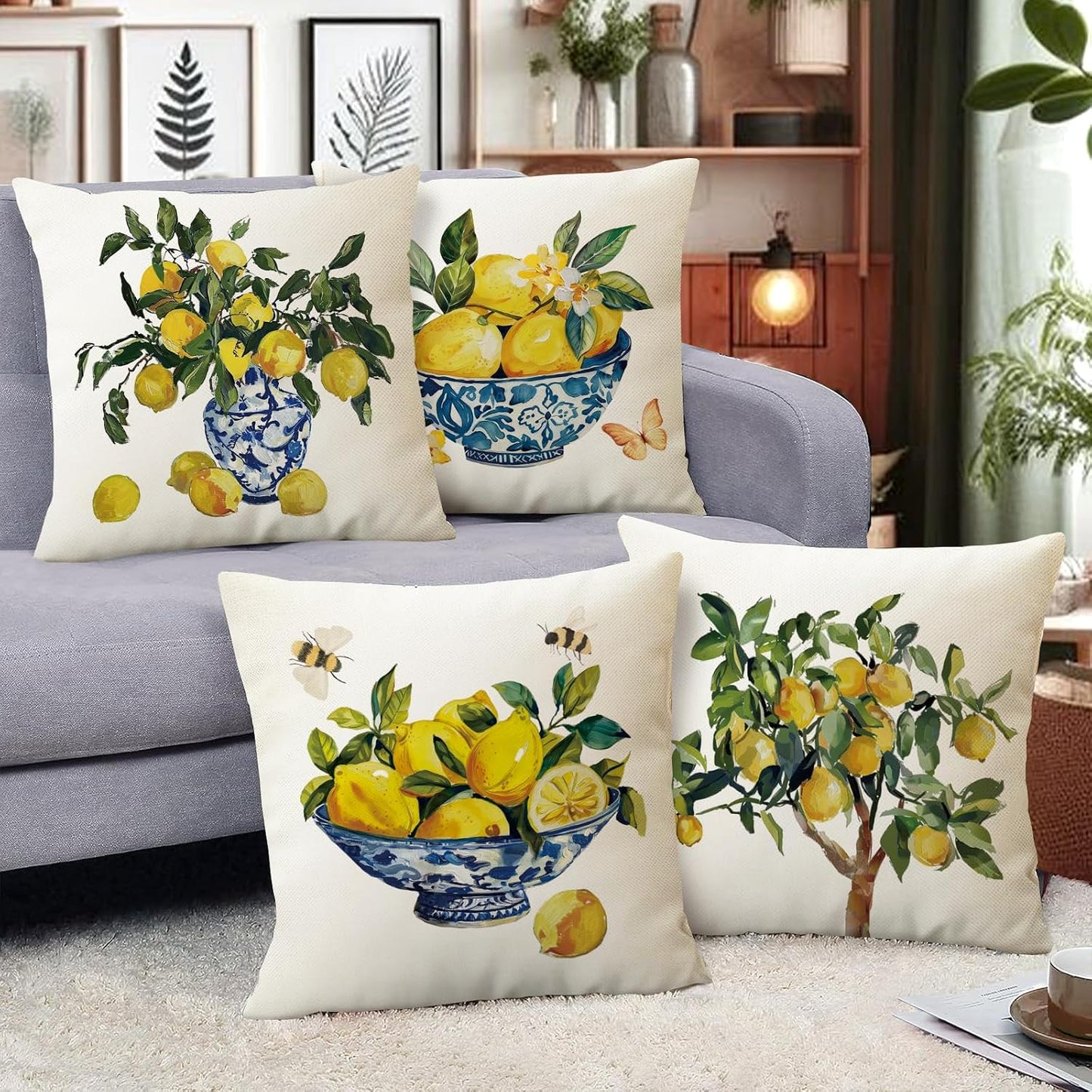 Fahrendom Italy Capri Lemon Decorative Throw Pillow Covers 18 x 18 Set of 4, Italian Amalfi Coast Citrus Blue and White Porcelain Pillowcase, Summer Mediterranean Sofa Couch Cushion Case Home Decor
