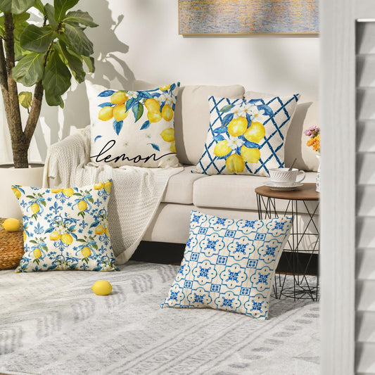 AVOIN colorlife Lemon Summer Throw Pillow Covers, 18 x 18 Inch Bule Diamond Check Bamboo Summer Cushion Case for Sofa Couch Set of 4