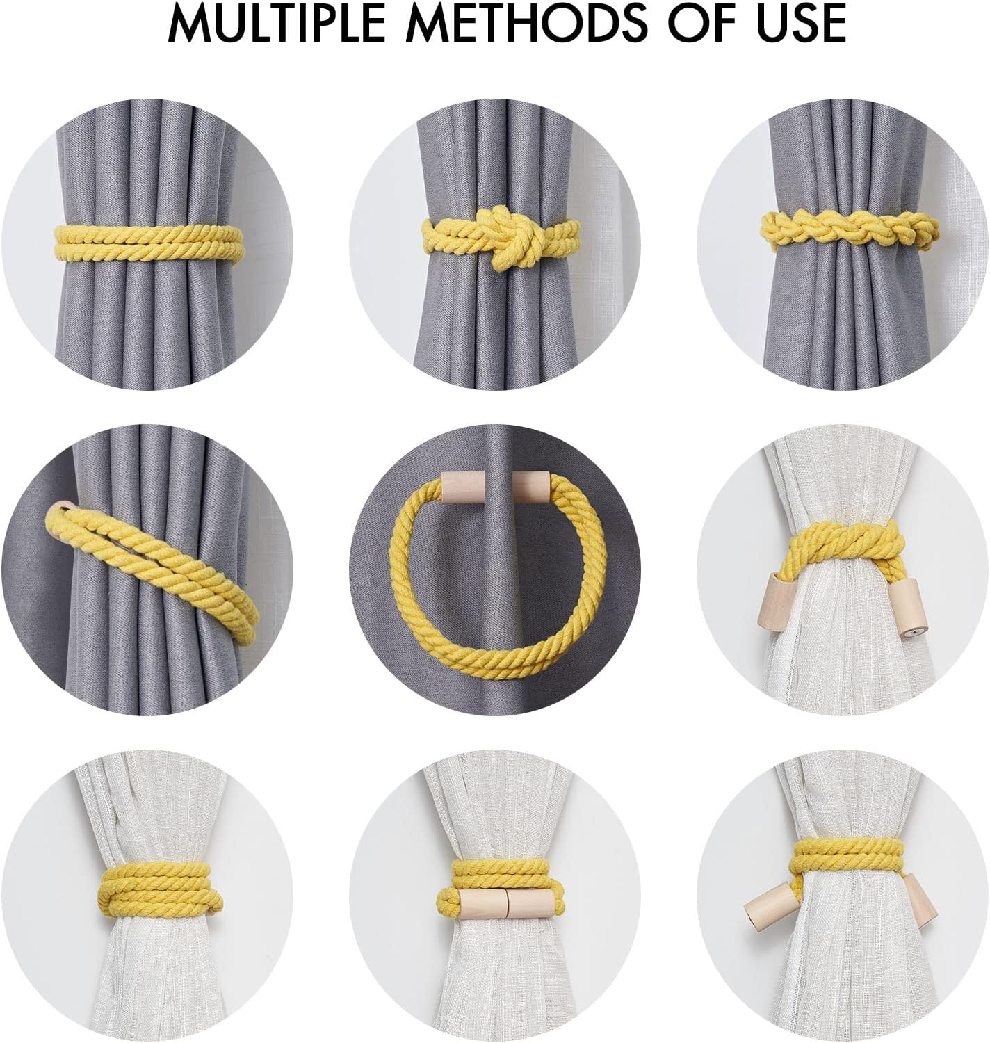 NICEEC 2 Pack Wooden Magnetic Curtain Tiebacks Boho Decoration Drape Tie Backs Natural Cotton Handmade Double Rope Curtain Holdbacks for Thin & Thick Home & Office Window Drapery (New Yellow)