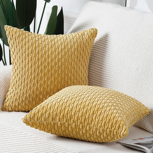 MADIZZ Pack of 2 Corduroy Decorative Euro Sham Pillow Covers 24x24 Inch Yellow Soft Boho Striped Couch Throw Pillows for Bed Pillowcases for Sofa Livingroom Home Decor