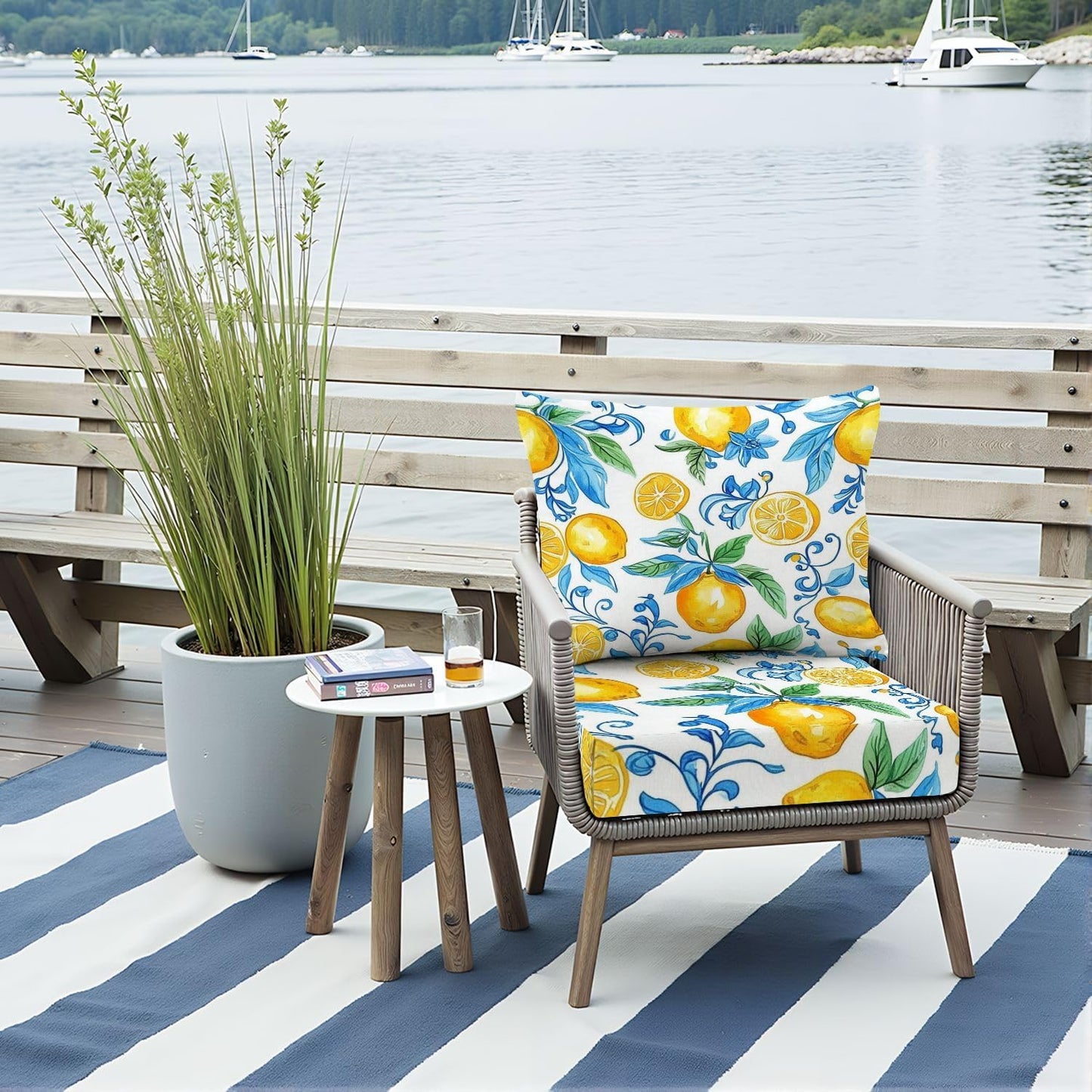 Outdoor Deep Seat Cushion Set Mediterranean Seamless Pattern Blue Majolica Tiles Yellow Lemons 24 x 24 Inch Fade Resistant Patio Furniture Cushions with Removable Cover for Chaise Lounge
