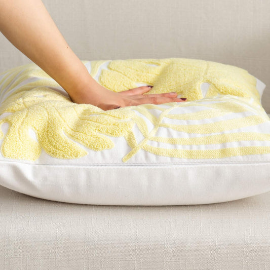 Embroidery Throw Pillow Covers 18x18 Floor Pillow Cover for Couch Bed Room Chair 100% Cotton Loop Embroidered Light Yellow Tropical Leaves Cushion Cover Square Pillow Case 45x45cm, 1 Piece