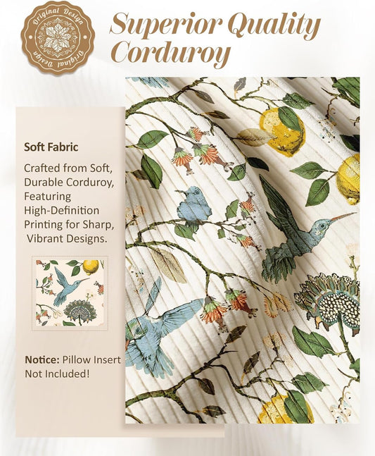 Corduroy Throw Pillow Covers 20x20 Inch - Set of 2 Decorative Summer Spring Pillow Covers with Zipper Farmhouse Decor Cottage Throw Pillowcases for Couch Sofa Living Room Bedroom, Lemon Bird