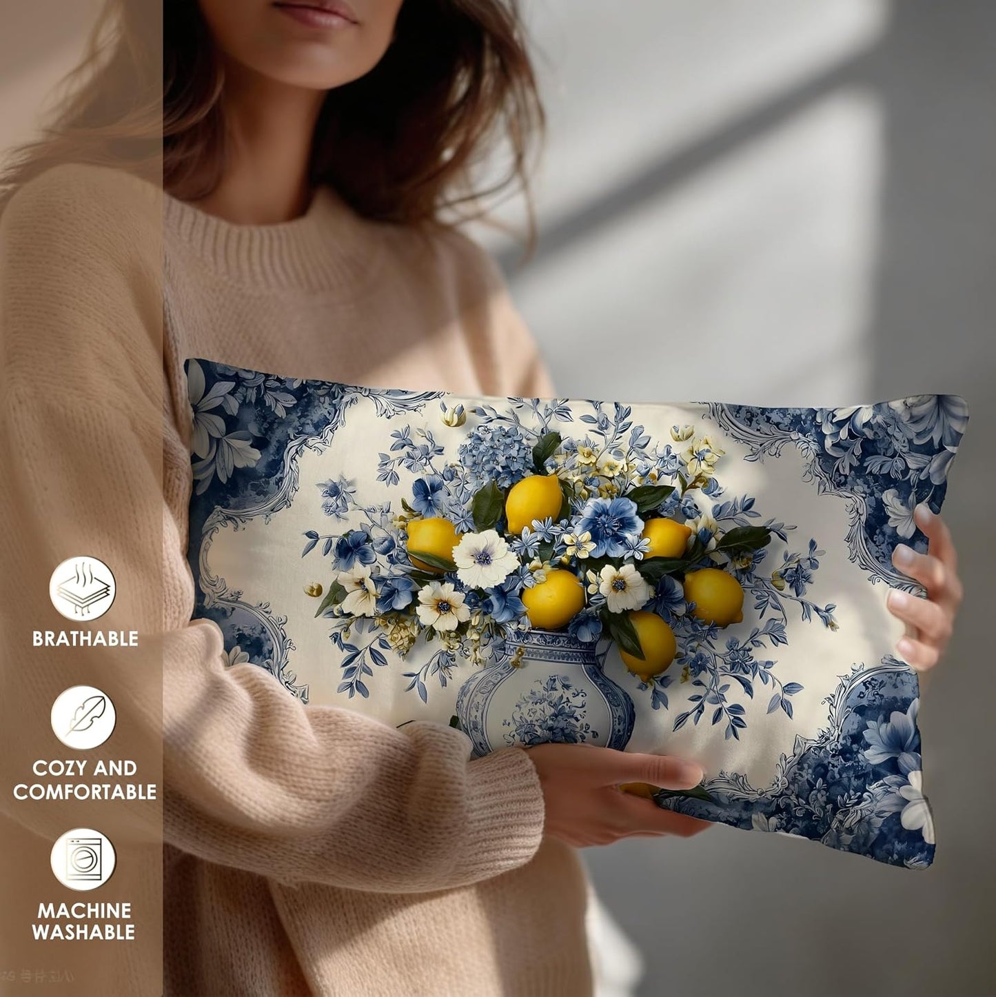 Mediterranean Italian Lemon Lumbar Pillow Covers 12x20 Set of 2, Amalfi Coast Blue and White Floral Bow Yellow Lemon Decorative Throw Pillow Covers Cases for Couch Bed Home Room Bedroom