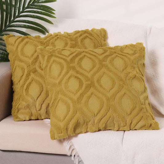 uxcell Set of 2 Shaggy Plush Faux Fur Throw Pillow Covers Solid Striped Soft Pillow Covers for Sofa Living Room 18 x 18 Inch Yellow-2