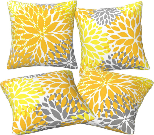 Yellow Pillow Covers 18x18 Inch Set of 4 Yellow Gray Dahlia Flower Throw Pillows Modern Geometric Floral Square Cushion Covers for Sofa Couch Bed Living Room Decorative Pillowcases