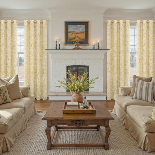 BGment Yellow Vintage Curtains for Living Room 84 Inch Length, French Country Jacquard Linen Curtains Botanical Cottage Core Farmhouse Bronze Grommet Light Filtering Drapes, 2 Panels, 52 x 84 Inch