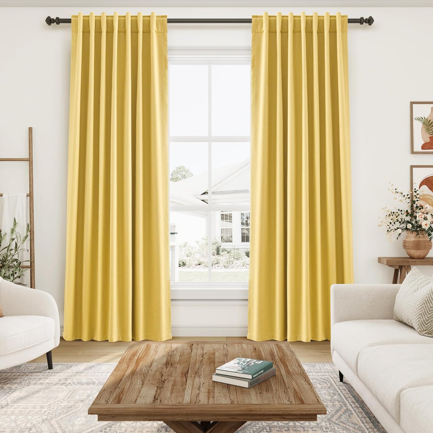 Nanspring Gold Yellow 100% Blackout Linen Curtains 84 Inch Length 2 Panels Set for Bedroom Back Tab Modern Farmhouse Decor Black Out Curtain for Living Room Office Thermal Insulated Drapes 52x84
