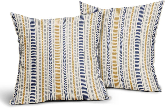 Blue Yellow Boho Striped Pillow Covers 18X18 Inch Set of 2, Navy Yellow Grey Gray Herringbone Print Pattern Decorative Throw Pillow Covers Outdoor Farmhouse Cushion Case Couch Sofa Bed Decor