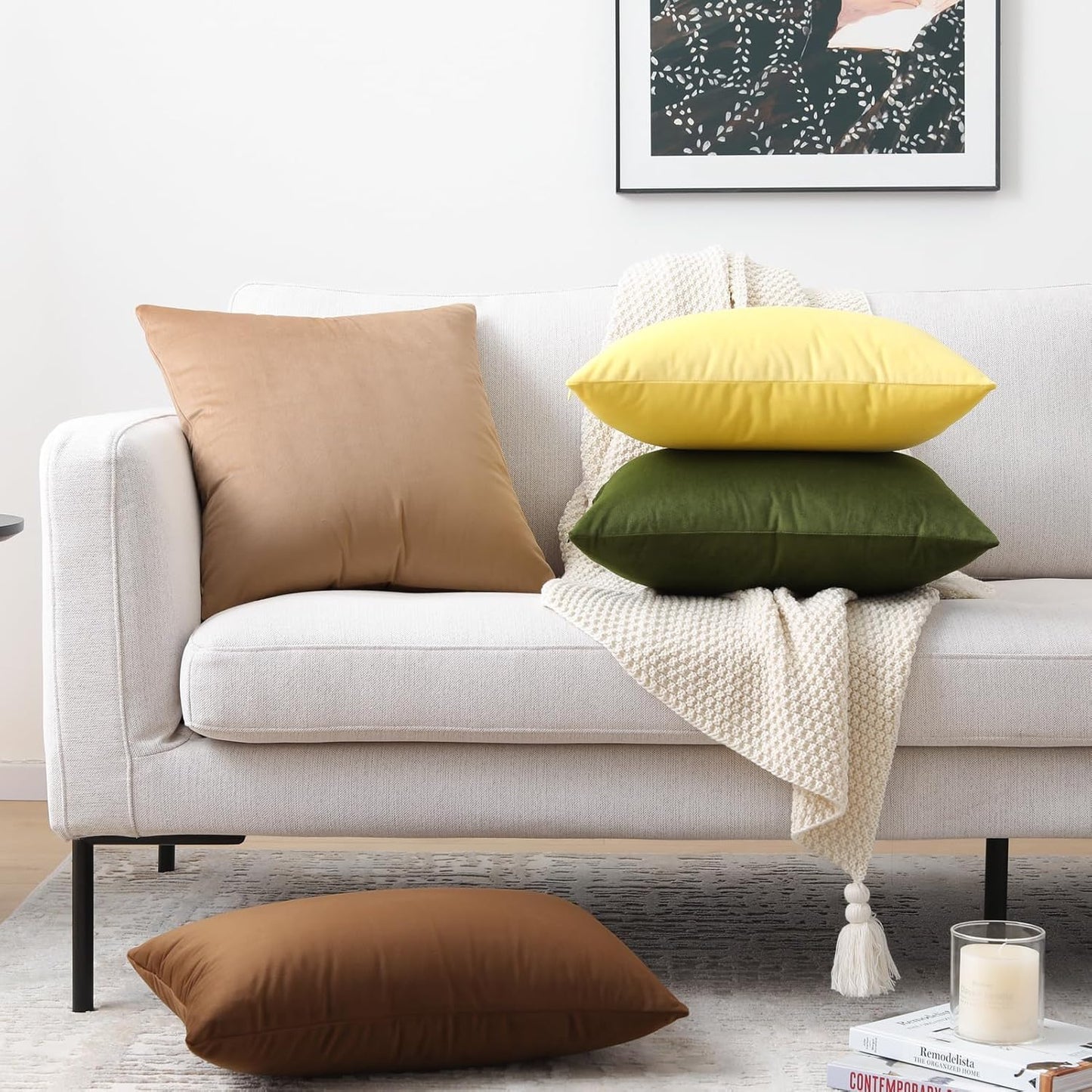 Mixhug Set of 2 Cozy Velvet Square Decorative Throw Pillow Covers for Couch and Bed, Pale Yellow, 18 x 18 Inches