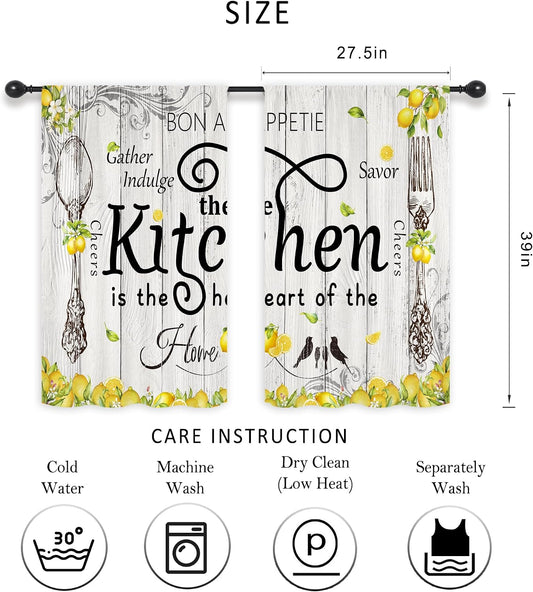 Riyidecor Lemon Kitchen Curtains Short Small Rustic Farmhouse Yellow Fruit Country Wooden Barn Plant Fork and Spoon Botanical Rod Pocket Bedroom Living Room Treatment Fabric 2 Panels 27.5Wx39H Inch