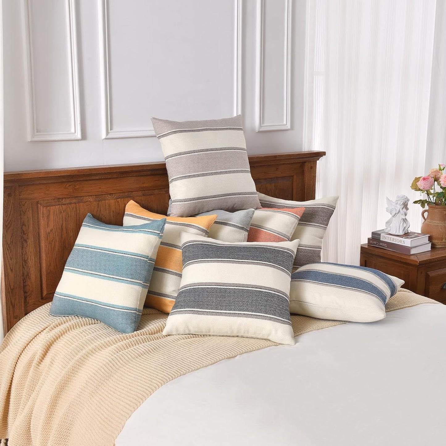 AmHoo Pack of 2 Farmhouse Linen Throw Pillow Cover Cushion Stripe Decoration Buffalo Retro Pillowcase with Hidden Zipper for Sofa Bedroom Car 22 x 22 Inch Yellow