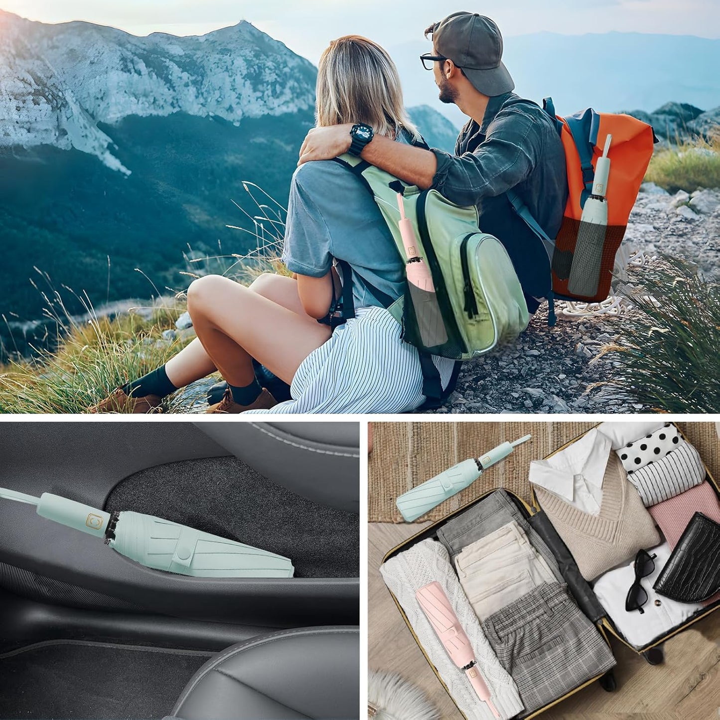 2-Pack Windproof, Waterproof, UV-Blocking Portable Travel Umbrella, Compact Sun & Rain Folding Umbrella, Double Rib Structure, Large Auto Open and Close Car Umbrella