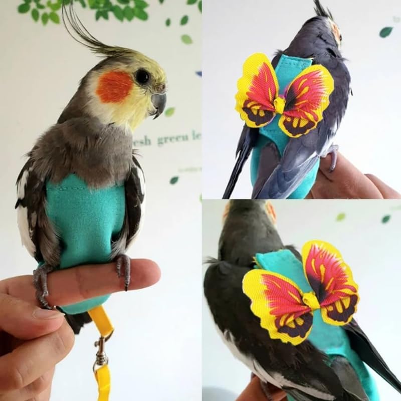 Escape-Proof Parrot Harness & Leash Set with Diaper - Adjustable Flight Suit with Bow & Safety Cord for Conures, African Grey, Parakeets, Doves (Yellow-L)