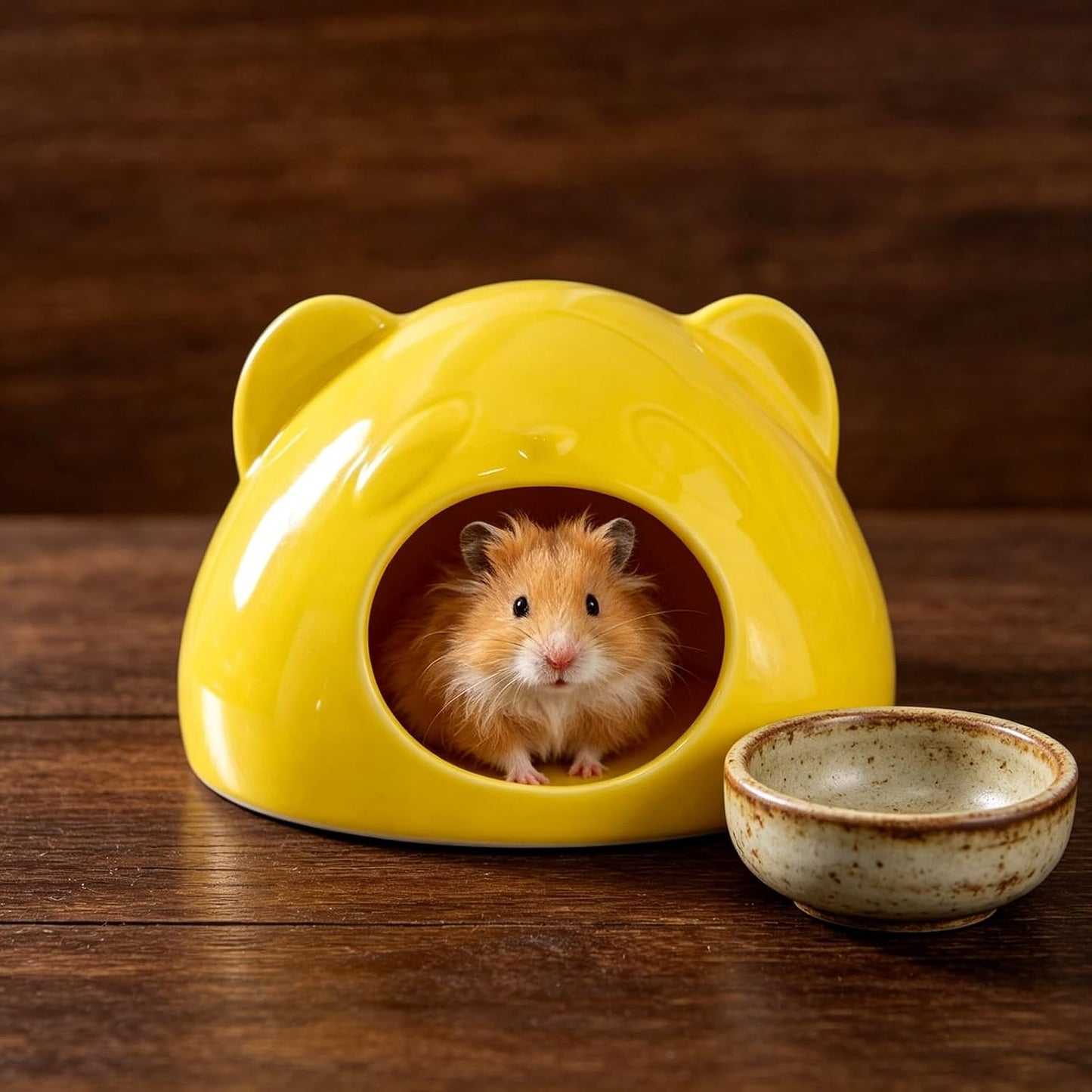 Panda-Shaped Ceramic Hamster Hideout, Summer Cooling Pet Cave, All-Season Smooth Easy-Clean Pet Shelter for Hamster, Gerbil, Guinea Pig(Yellow)