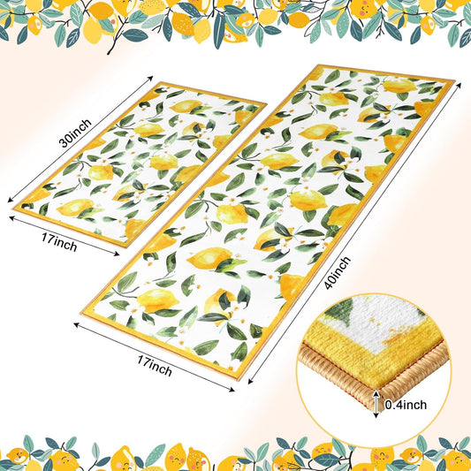 White 2 Pcs Lemon Kitchen Mats Lemon Kitchen Rugs for Floor Washable Soft Non Slip Carpet for Bathroom Sink Laundry Decor, 17" x 30" + 17" x 47"