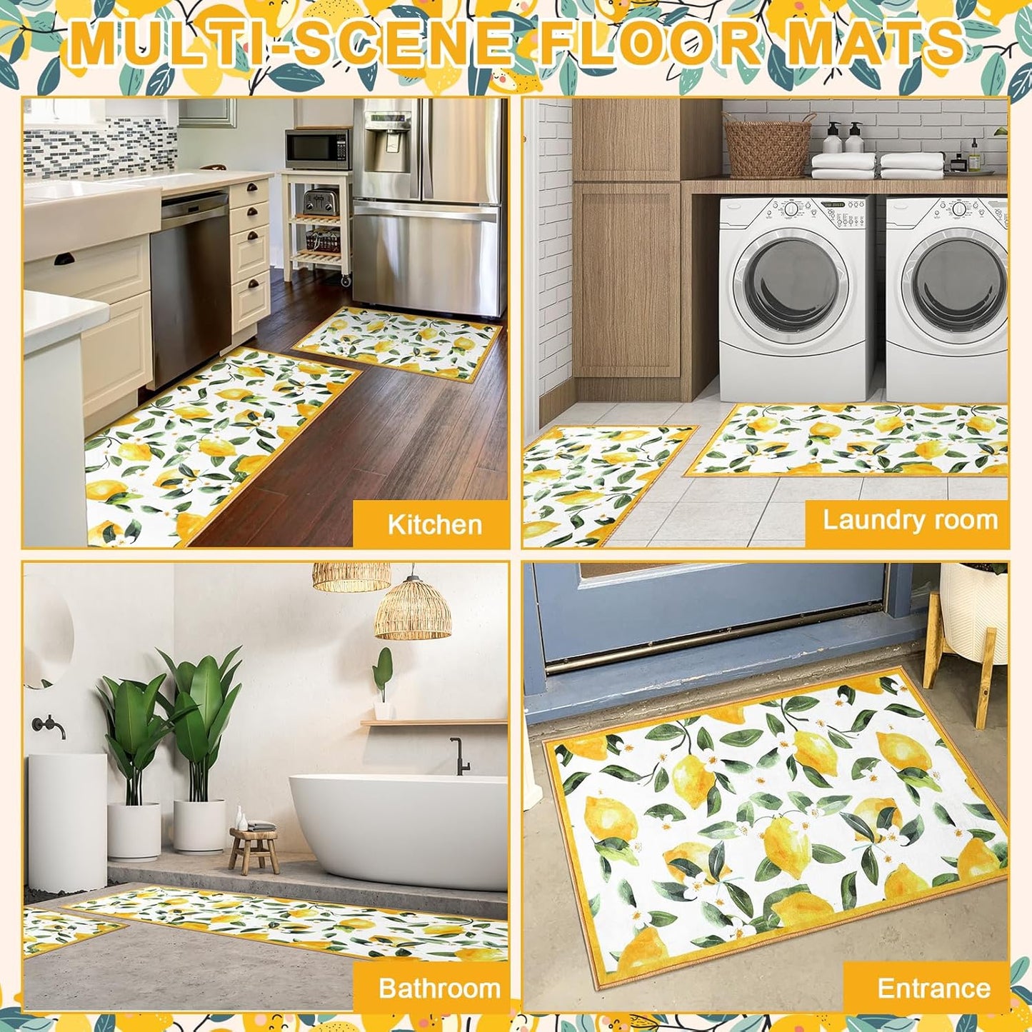 White 2 Pcs Lemon Kitchen Mats Lemon Kitchen Rugs for Floor Washable Soft Non Slip Carpet for Bathroom Sink Laundry Decor, 17" x 30" + 17" x 47"
