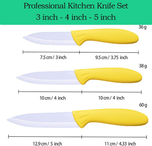 Professional Ceramic Knife Set, Yellow Handle, White Blade, 3-Piece Kitchen Knives, 3-Inch, 4-Inch, 5-Inch Blades