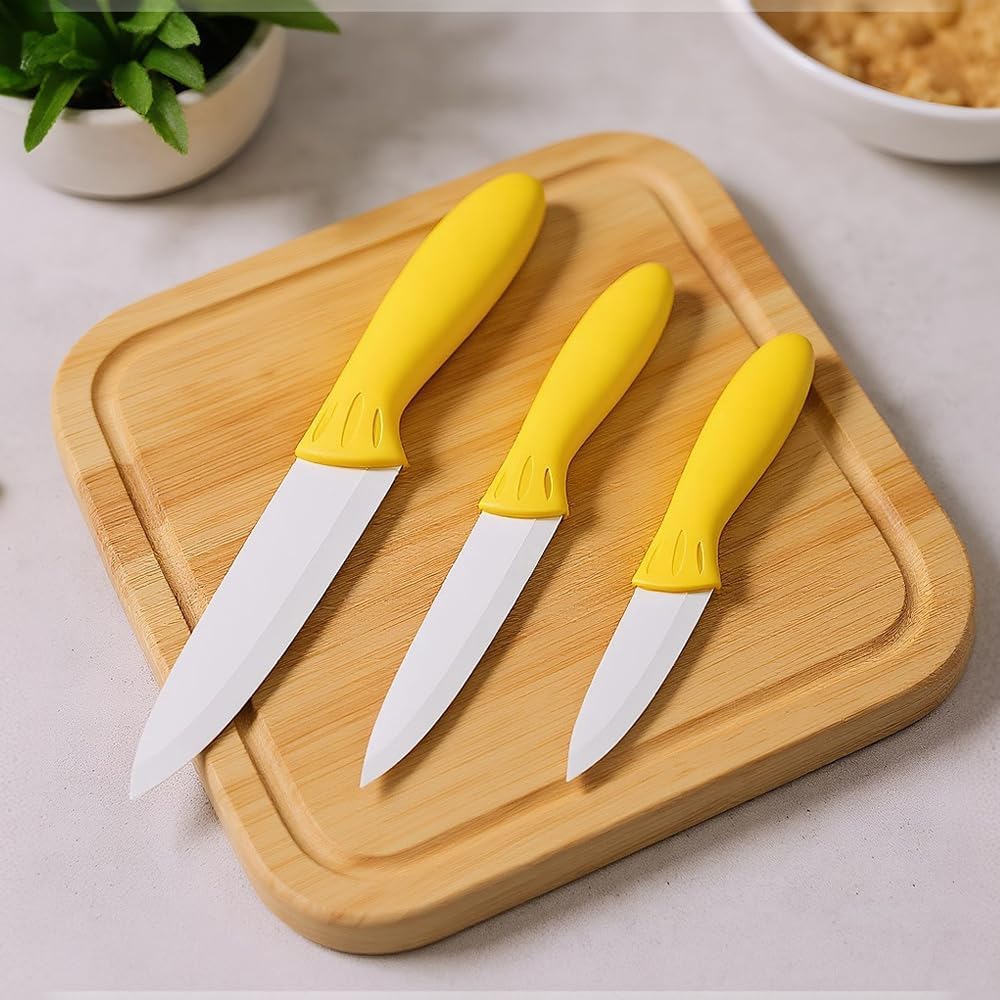 Professional Ceramic Knife Set, Yellow Handle, White Blade, 3-Piece Kitchen Knives, 3-Inch, 4-Inch, 5-Inch Blades