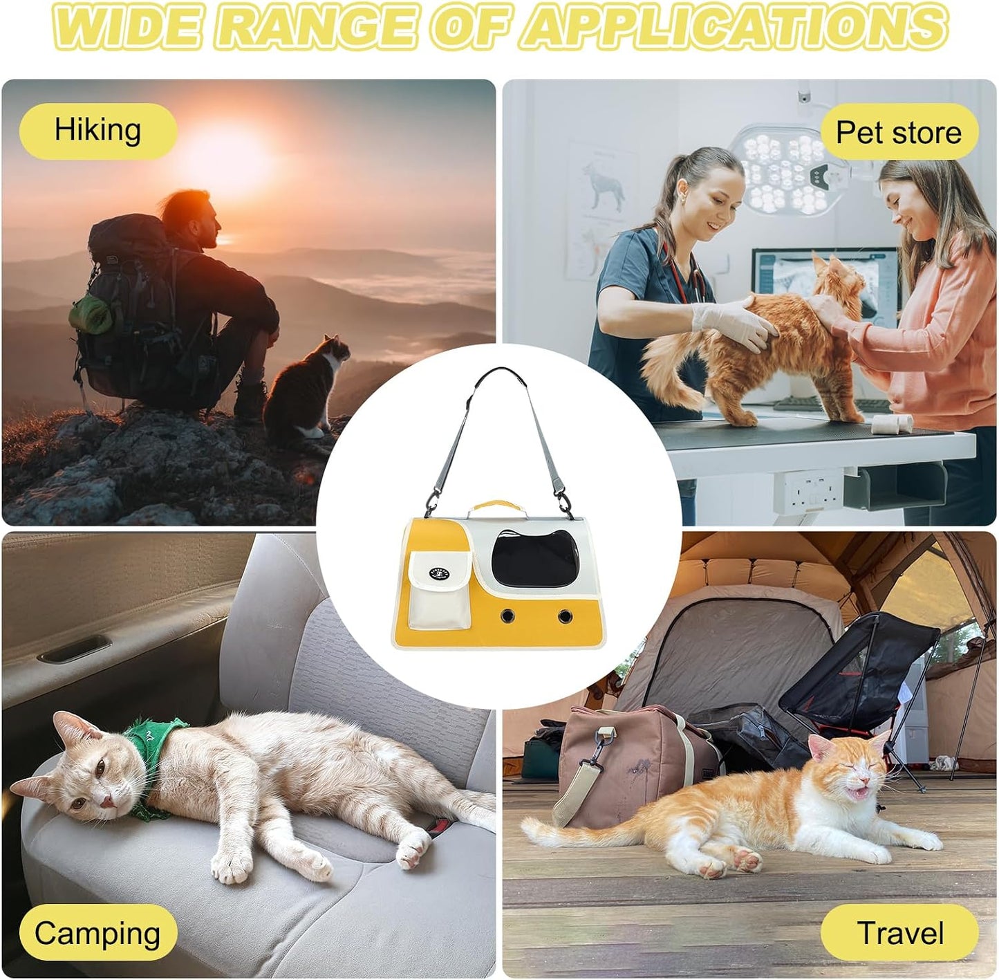 Soft-Sided Cat Carrier, Ventilation Mesh, Travel Pet Carrier Breathable Small Dog Carrying Case Up to 16.5 lbs (Yellow), Intended for Hiking/Camping/Traveling