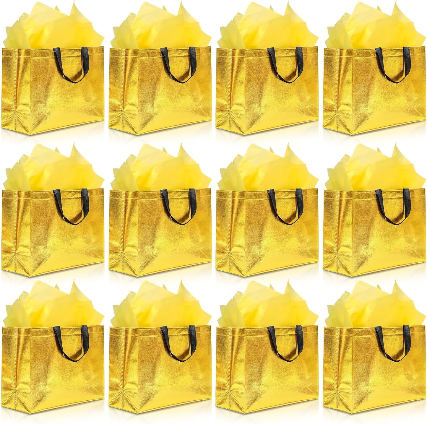 12Pcs Reusable Gift Bags(Includes Tissue Paper) Gift bag with handle Birthdays Parties Holidays Weddings Medium 13x5x11in Golden Yellow Gift Bags