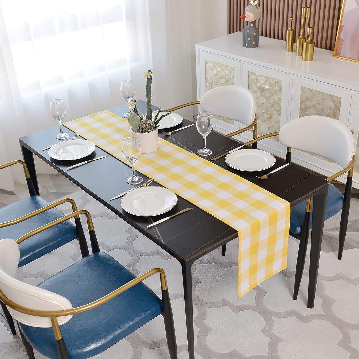 Yellow & White 2 Side Buffalo Check Farmhouse Table Runner for Family Dinners or Gatherings, Indoor or Outdoor Parties, Everyday Use (12" x 36")