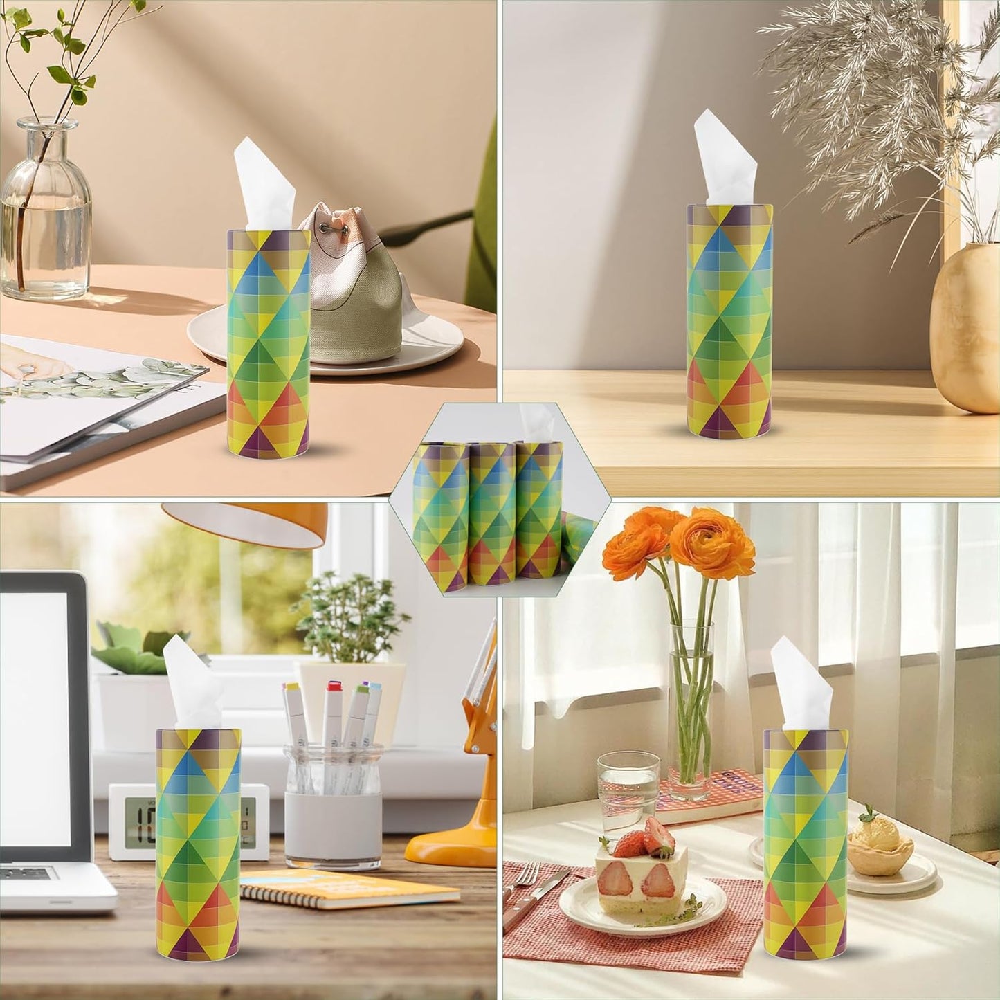 Car Tissue Holder, 4 Pack Car Cup Holder Facial Tissues with Travel Tissue Bag, Quick and Convenient Flower Combination Car Tissue Box(4 Canisters/200 Tissues) Yellow - Green