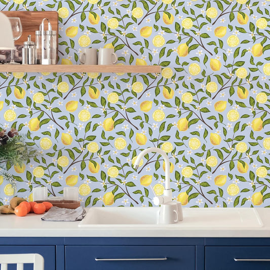 Lemon Wallpaper Stick and Peel Vintage Lemon Branches Fruit Wallpaper for Kitchen Bedroom Bathroom 17.7''x118'' Removable Self Adhesive Lemon Drop Contact Paper for Cabinets Drawers Walls