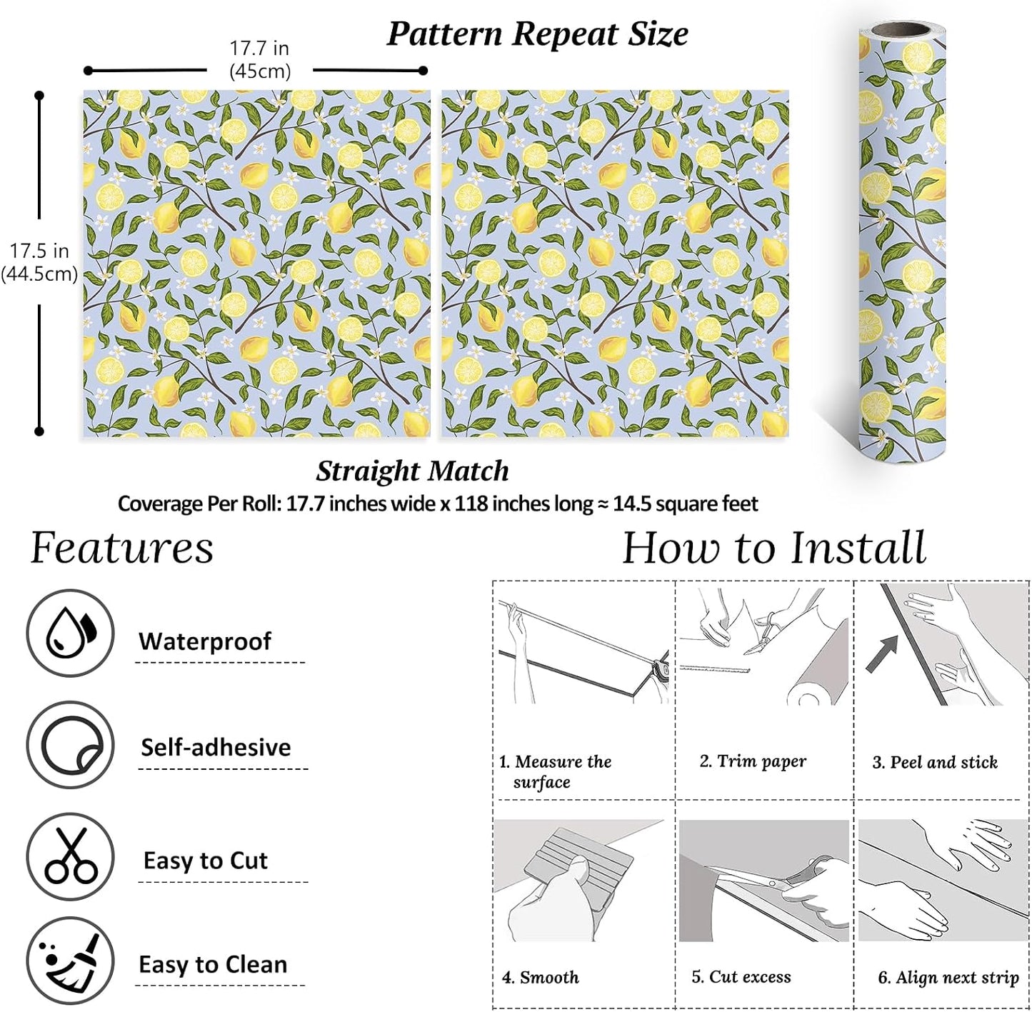 Lemon Wallpaper Stick and Peel Vintage Lemon Branches Fruit Wallpaper for Kitchen Bedroom Bathroom 17.7''x118'' Removable Self Adhesive Lemon Drop Contact Paper for Cabinets Drawers Walls