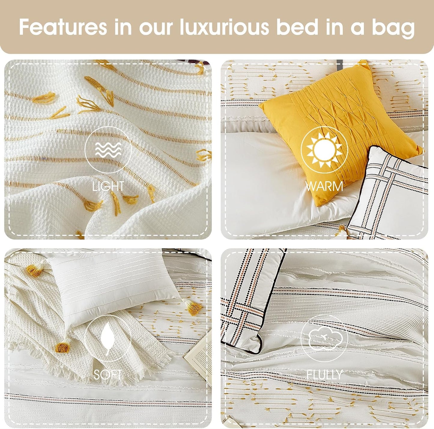 White Yellow Jacquard Comforter Set Queen Size, 7 Piece Striped Bedding Set, All Season Home Decor, Matching Pillow Shams, Bedskirt, Decorative Pillows