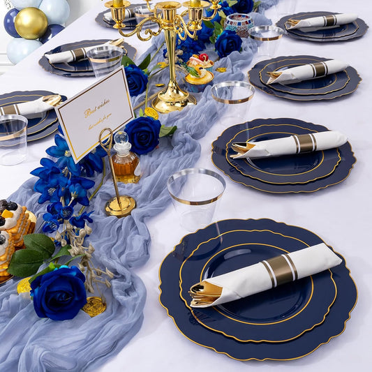 350PCS Yellow Plates - Yellow Disposable Plastic Plates With Gold Rim-50Guest Plastic Dinnerware include 100 Plates,50 Pack Pre Rolled Napkins with Silverware 50Cups for WeddingοΌParty