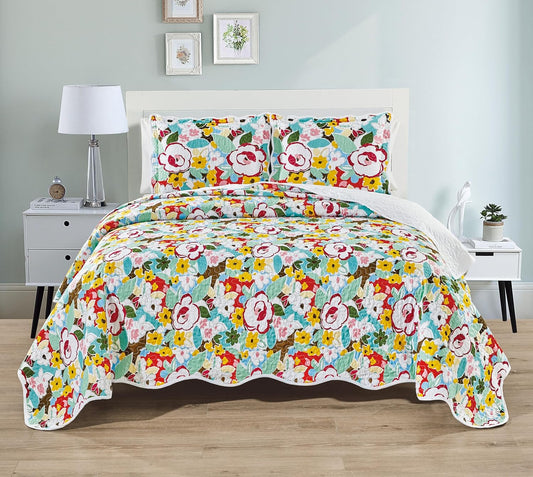 3-Piece Cal King Boho Quilt Set, Blue Yellow Green Red | 120 inch X 106 inch, Oversized, All Season, Floral Pattern, Lightweight Soft Coverlet