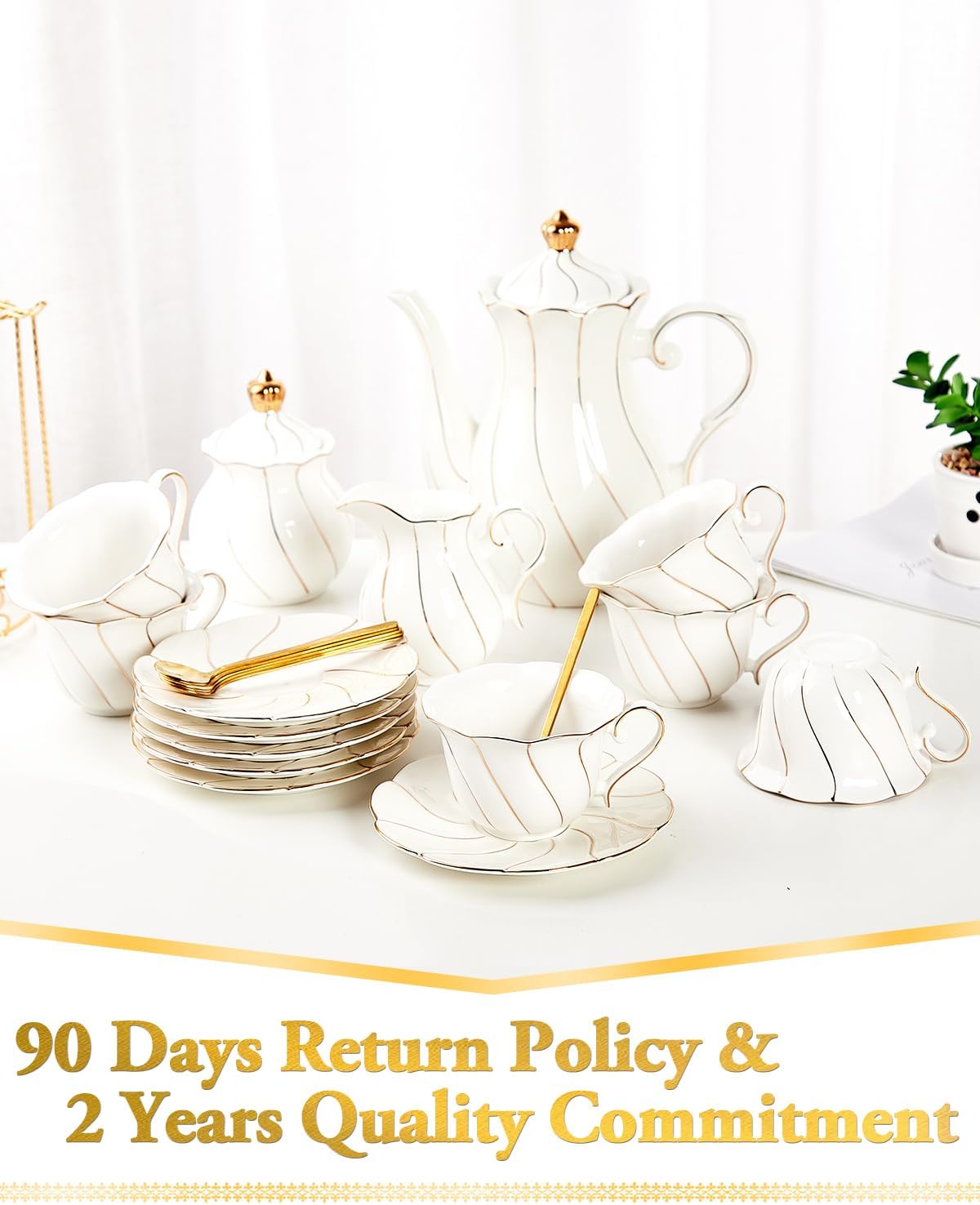 22 pcs White Porcelain Tea Set for 6, Luxury British Style Tea/Coffee Cup Set with Golden Trim, Beautiful Tea Set for Women, Tea Party Set, Gift Package (With a Stand)