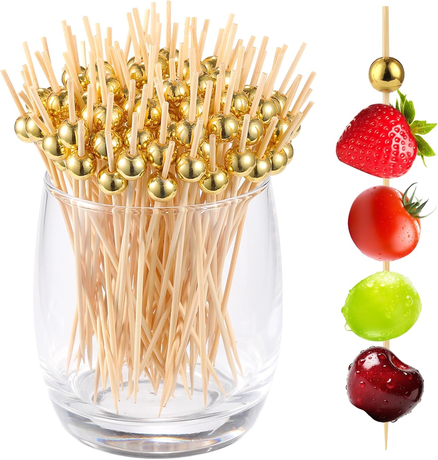200 Pcs Cocktail Picks, Gold Plastic Ball Decor Skewer for Appetizers, Fruit, Kebabs, Mini Burger, Bamboo Skewers for Drinks, Handheld Toothpicks, Food Sticks Natural, Kitchen Gadget