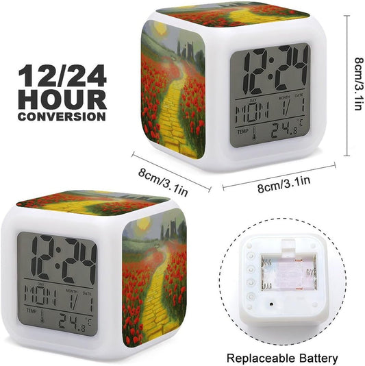 Cube Alarm Clock Creative 7 Colour LED Digital Clock with Temperature | Poppies Field Yellow Brick Road Bedside Electronic Clock Battery Operated Mute Luminous Alarm Clock Adjustable Light