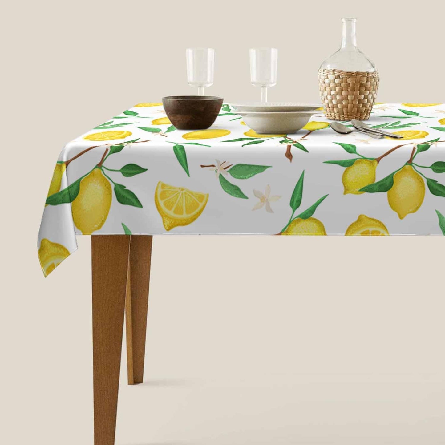 Fresh Lemon Tropical 52x70 Table Cloth Yellow Green Leaves White Washable Polyester Tablecloths for Dining Kitchen Outdoor Picnic Camping Party Wedding Event