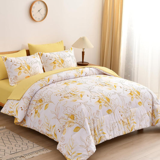 Yellow Botanical Comforter Set Queen, 7 Pieces Floral Bed in a Bag Gloden Leaves Bedding Set Soft Microfiber Queen(1 Comforter,2 Pillowcase,2 Pillow Shams,1 Flat Sheet,1 Fitted Sheet)