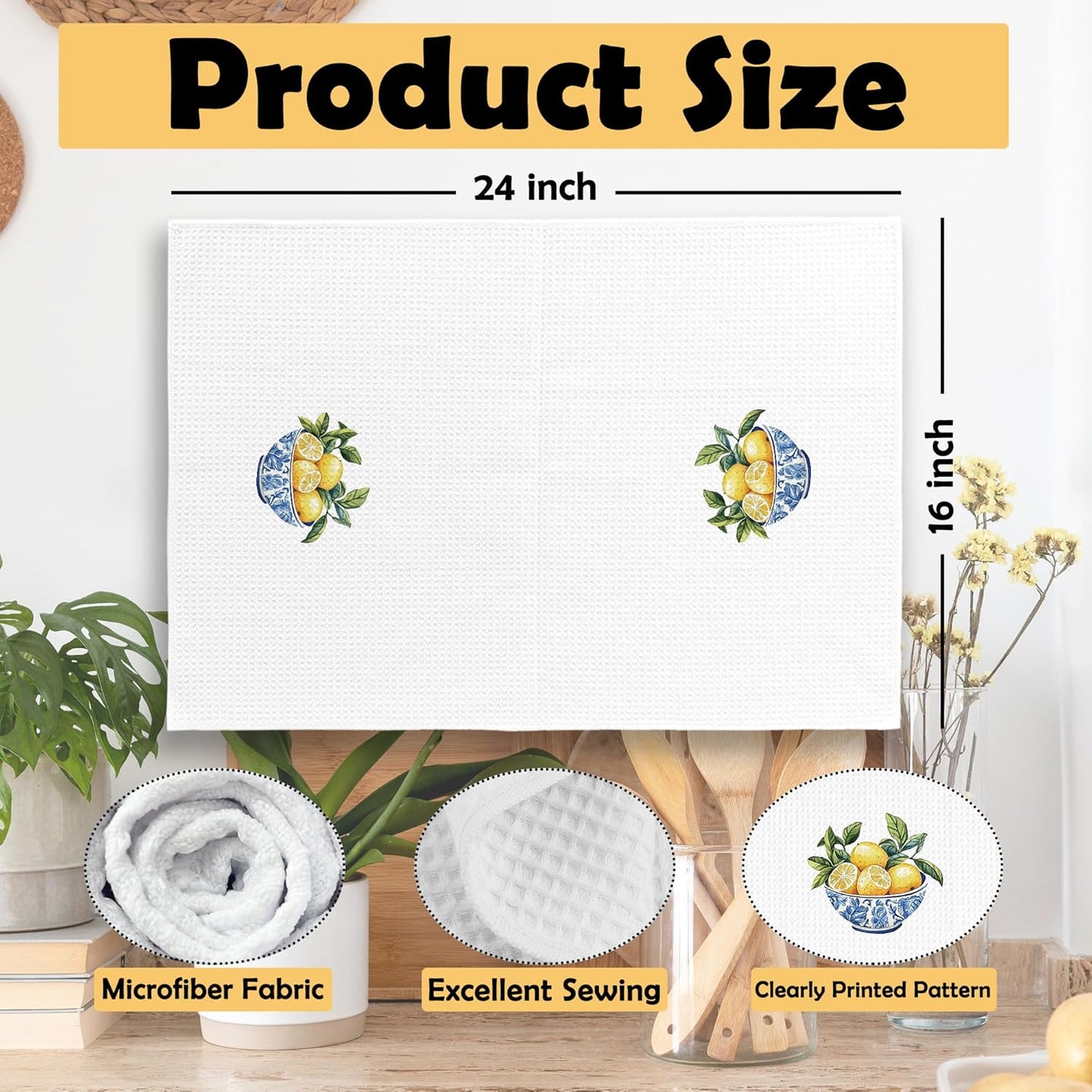Chinoiserie Lemon Kitchen Towels Set of 2, Blue and White Porcelain Hand Towel, Grand Millennial Home Dining Room Decorative Tea Towel Dish Towels 16x24 Inch