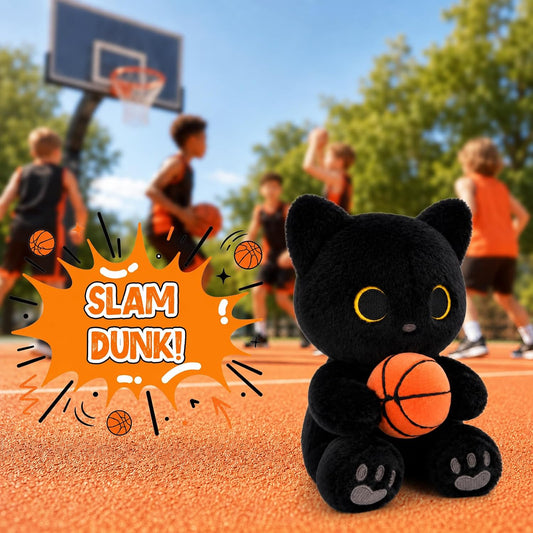 Black Cat Plush - 9" Stuffed Animal Holding Basketball Toy | Soft Cuddly Cat with Gray Heart Paw Pad Embroidery, Basketball Fans Gifts for Boys Girls,Sport Lover Decor