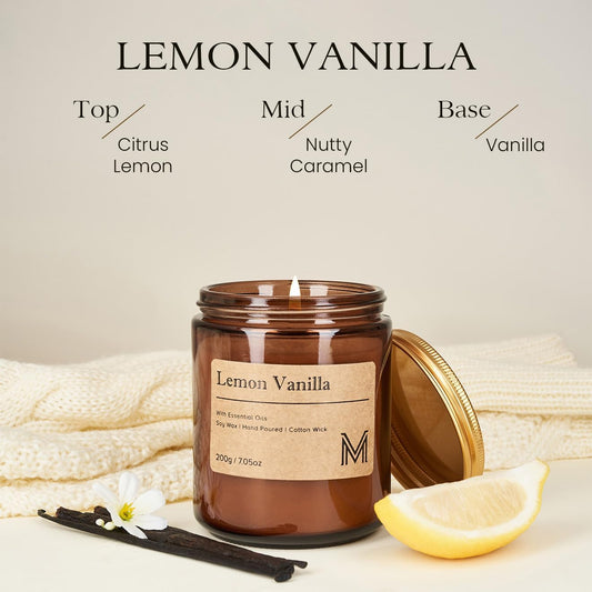 Lemon Vanilla Scented Small Candle, 7.5Oz Aromatherapy Candle for Home Fragrance, Soy Wax Candles Gift for Birthday, Housewarming, Amber Jar Candle for Stress Relief, Meditation, Yoga