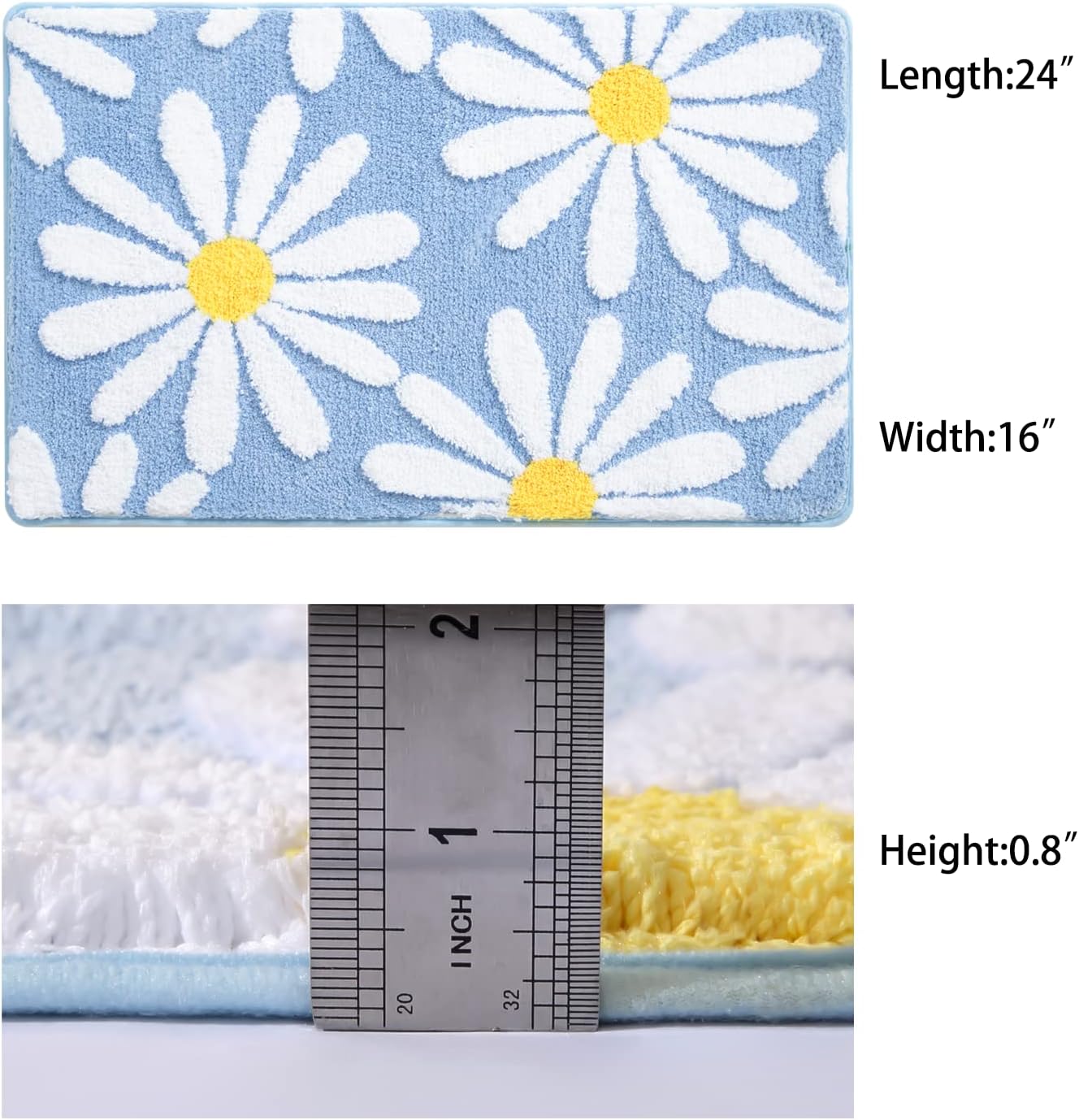 Blue Bathroom Rugs Cute Daisy Bath Mat White and Yellow Flower Decor Rug Non Slip Floor Carpet Microfiber Bathmat Super Absorbent Machine Washable Bathtub Mats for Shower (16x24 inch)