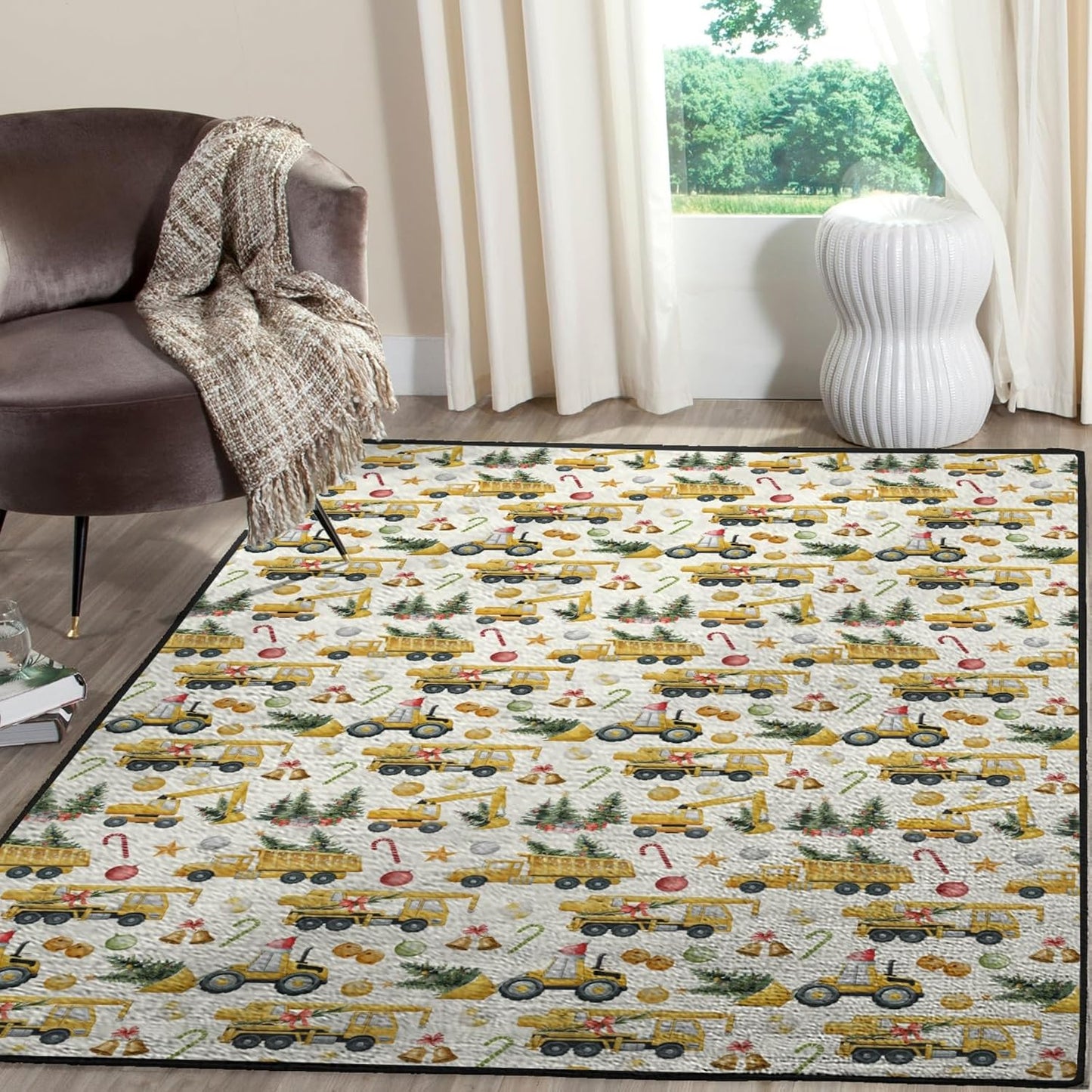 Christmas Construction Trucks Throw Carpets Excavator Tractor Trucks Christmas Trees Area Rugs Winter Floor Mats for Kids Nursery Bedroom Living Room Bathroom Kitchen Home Decor Yellow 20x32inch