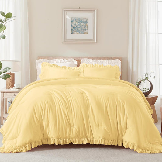 Yellow Ruffle Comforter Full (79x90Inch), 3 Pieces(1 Ruffled Comforter and 2 Pillowcases) Solid Farmhouse Shabby Chic Bed, Vintage Rustic Soft Polyester Bedding Set