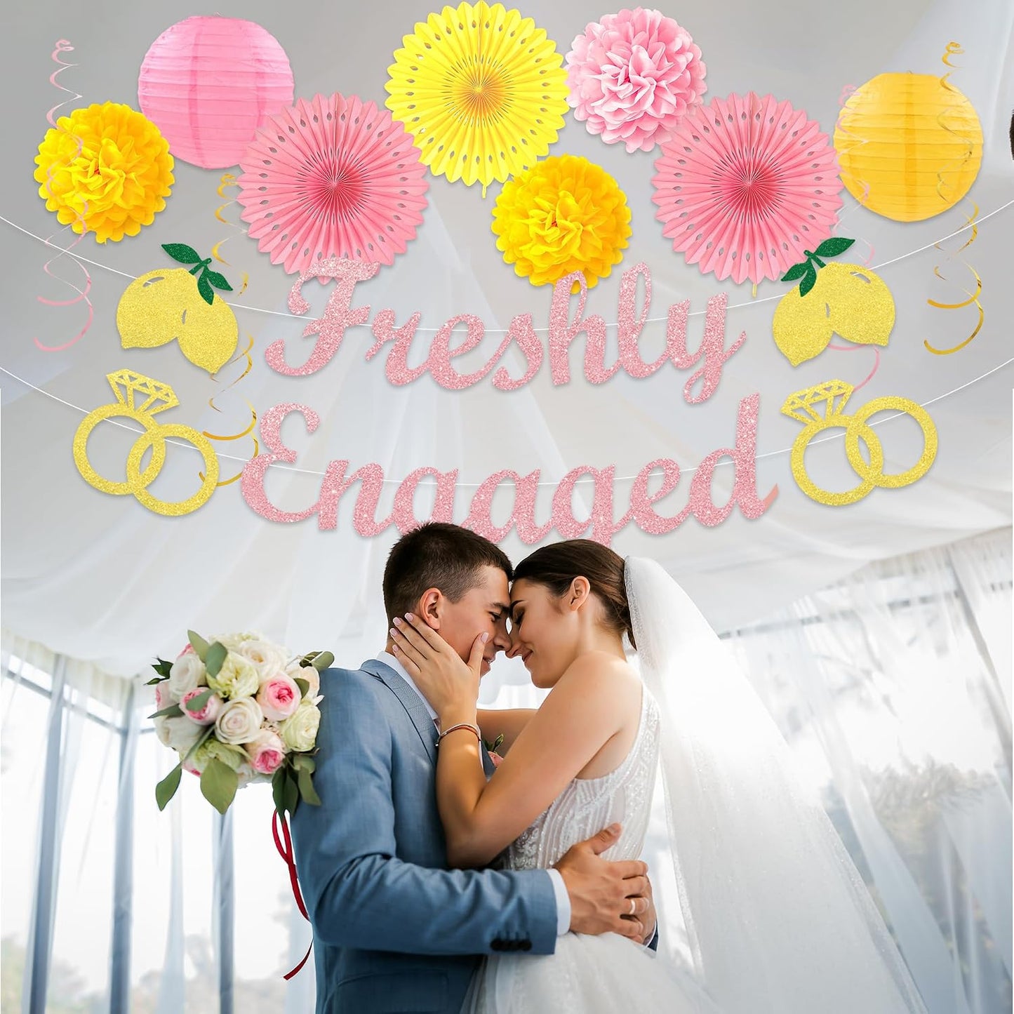 Engagement Party Decorations Freshly Engaged Lemon Party Decor | Bridal Shower, Wedding, Bachelorette, Lemonade Stand, Summer, Paper Lanterns, Pom Poms, Tassel Garland, Swirls, Reusable