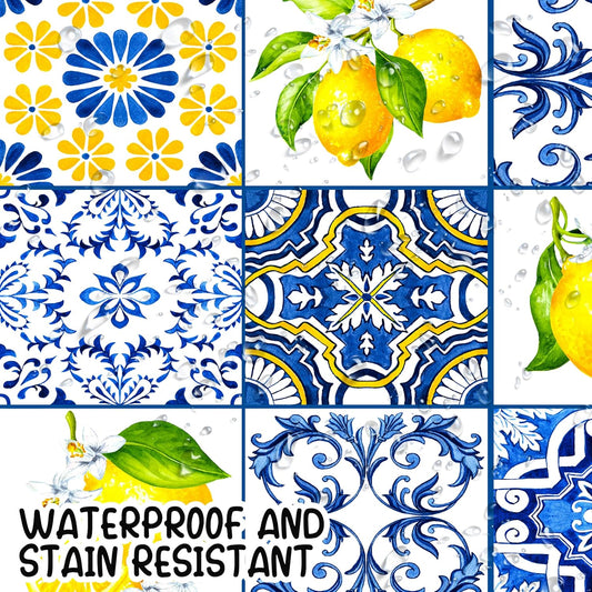Capri Lemon Tablecloth Lemon Party Supplies 2PCS Blue Tiles and Yellow Lemon Plastic Table Cover Citrus Party Decorations Lemonade Tableware for Summer Fruits Birthday Baby Showe Wedding Decor