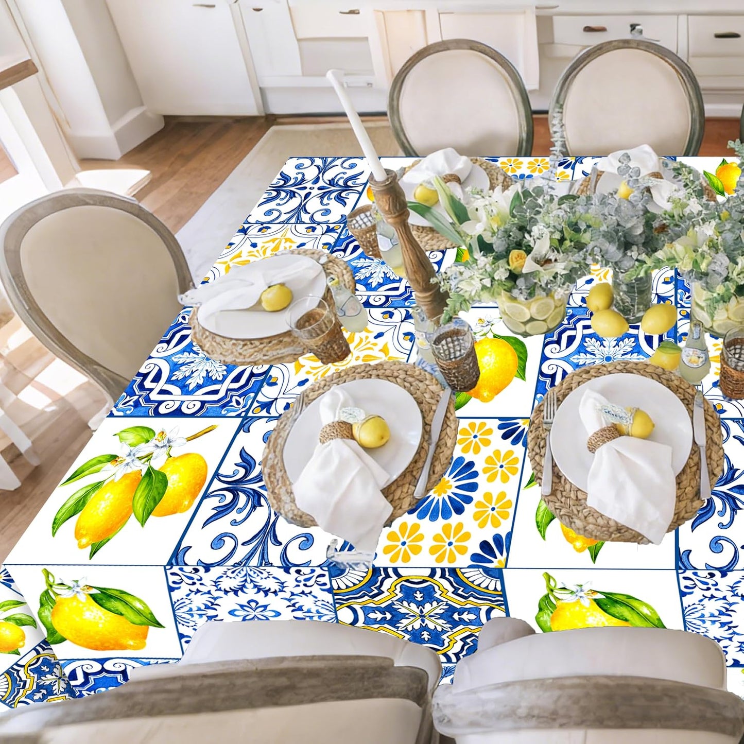 Capri Lemon Tablecloth Lemon Party Supplies 2PCS Blue Tiles and Yellow Lemon Plastic Table Cover Citrus Party Decorations Lemonade Tableware for Summer Fruits Birthday Baby Showe Wedding Decor