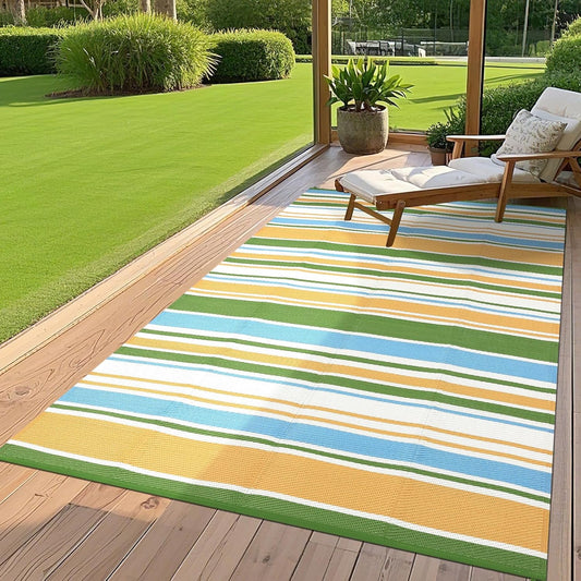 9x12 Outdoor Rug Modern Geometric Reversible Plastic Straw Outdoor Rugs Colorful Striped Indoor Outdoor Carpet UV Resistant Stain Large Rug for Balcony Deck Beach, Yellow Blue Green White