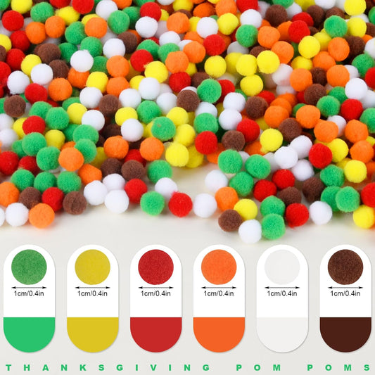 1500 Pieces Fall Pom Poms Balls Red Orange Yellow Green Brown White Pom Poms for Arts Crafts Making DIY Autumn Thanksgiving Party Decorations Supplies(6colors, 1 cm )