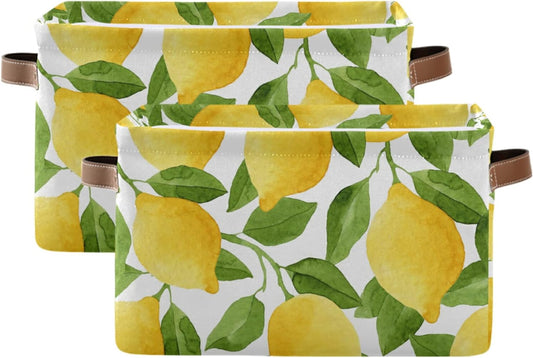 Storage Basket Cube, Watercolor Lemon Tree Leaves Large Storage Bin Box Collapsible Clothes Organizer Laundry Basket for Shelves Closet Bedroom, 1 Pack